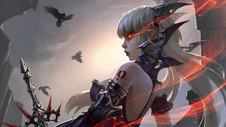 A fierce woman warrior stands amidst swirling shadows, her striking features illuminated by an ominous light. Dark birds circle around, enhancing the fantasy atmosphere of this HD desktop wallpaper.
