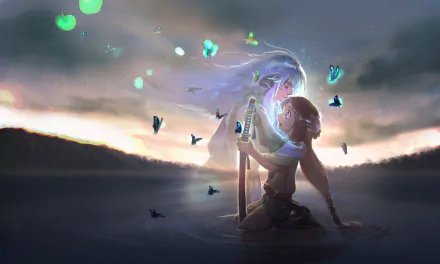 HD anime-style Pixiv Fantasia wallpaper depicting a glowing figure embracing a kneeling character surrounded by ethereal butterflies in a misty, twilight landscape.