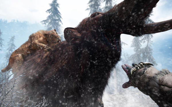 A saber-toothed tiger attacks a mammoth amidst a snowy landscape in this HD wallpaper inspired by the video game Far Cry Primal.