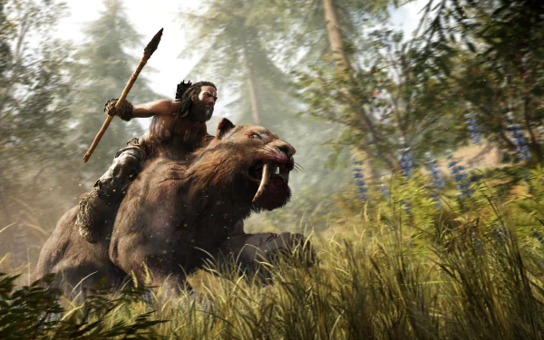 HD PC desktop wallpaper from the video game Far Cry Primal, featuring a warrior riding a fierce saber-toothed tiger through a dense, sunlit forest.