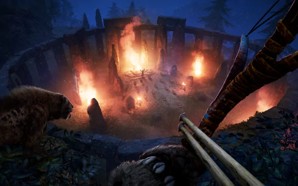 Video game Far Cry Primal 4K Ultra HD PC desktop wallpaper and background: first-person bow view overlooking a ring of burning stone ruins and campfires in a shadowy prehistoric wilderness.