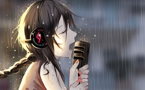 A girl with a braid wearing headphones passionately sings into a vintage microphone while rain pours down around her, capturing the essence of Yuezheng Ling from the Anime Vocaloid series.