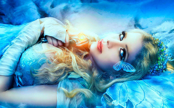 Fantasy Women Blonde Butterfly Flower Fairy Blue Blue Eyes HD Wallpaper | Background Image