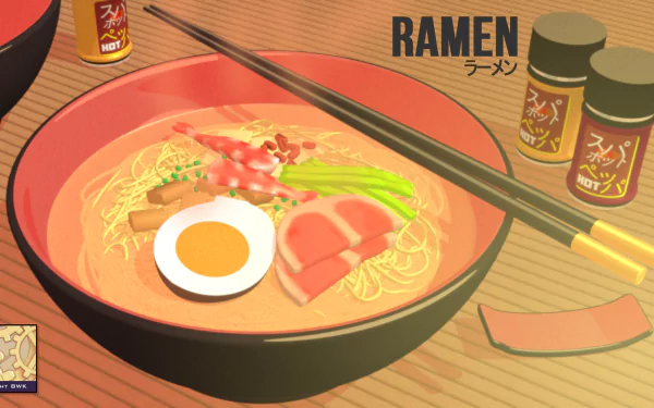 HD PC desktop wallpaper featuring a vibrant bowl of ramen with egg, meat, and vegetables, accompanied by chopsticks and seasoning containers.