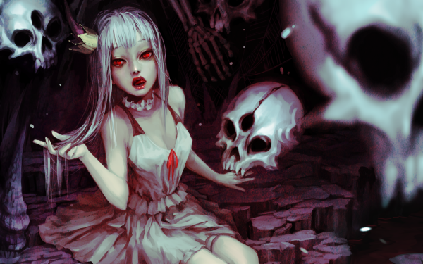 Fantasy Vampire Skull Red Eyes White Hair Crown HD Wallpaper | Background Image