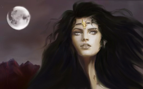 Fantasy HD PC wallpaper featuring a brunette woman's face with flowing hair against a moonlit night sky and distant mountains.