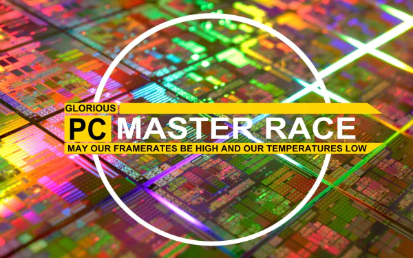 HD PC Master Race wallpaper featuring vibrant circuit board colors with the phrase Glorious PC Master Race and a gaming PC-themed tagline in bold text.