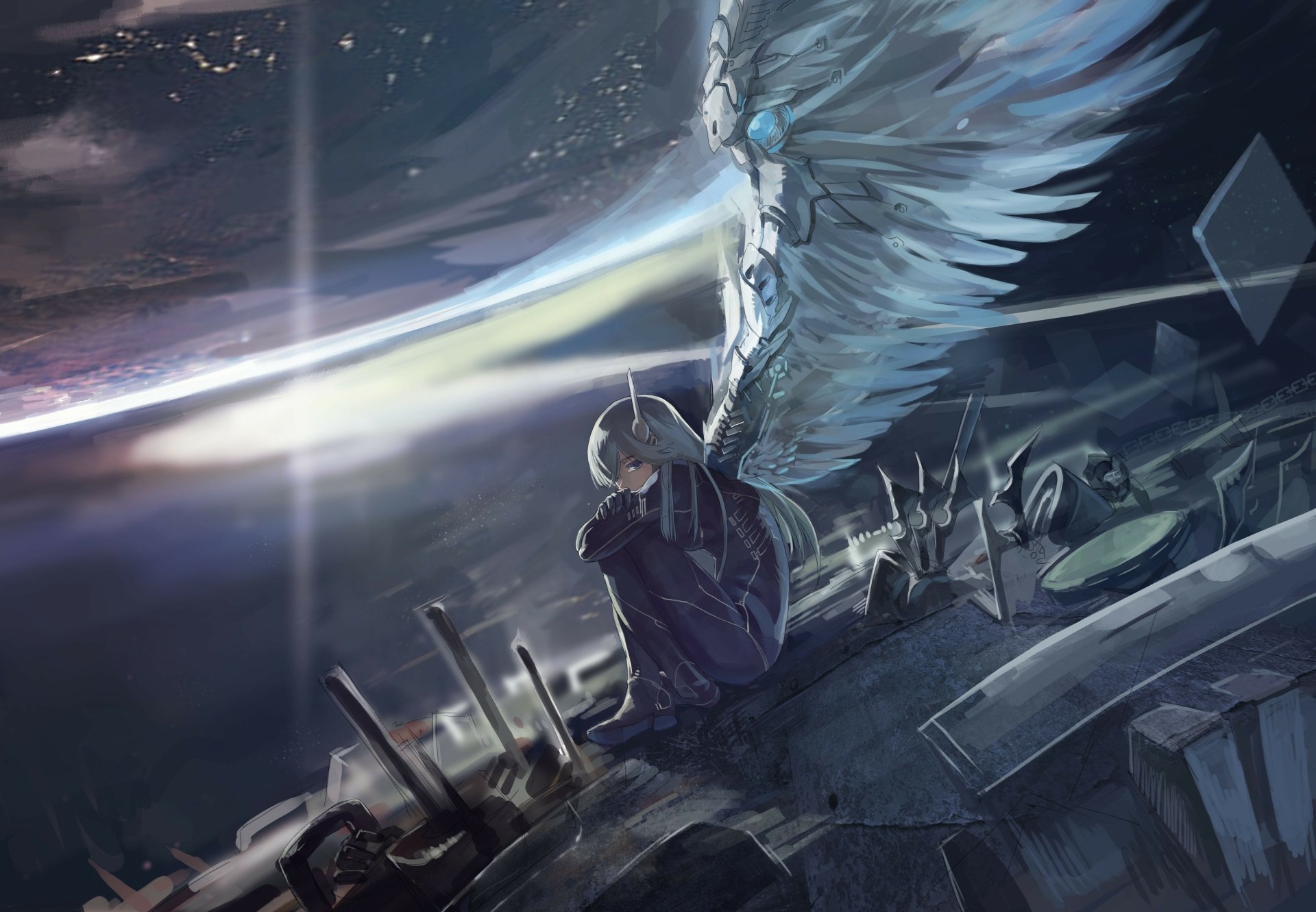 A stunning HD anime wallpaper featuring a character with long hair and majestic wings, sitting contemplatively against a cosmic background filled with stars and planets.
