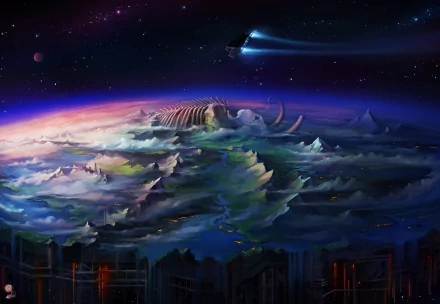 A vivid 4K Ultra HD Sci-Fi planetscape wallpaper depicting a mysterious alien world with towering formations, swirling clouds, and a spaceship flying overhead in deep space.