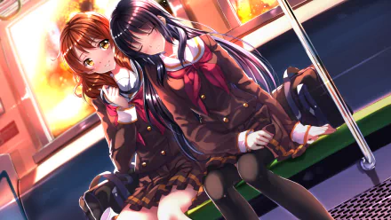 HD anime desktop wallpaper featuring Reina Kousaka and Kumiko Oumae from Sound! Euphonium, sitting closely together in warm, glowing light.
