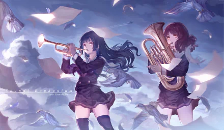 HD anime desktop wallpaper featuring Reina Kousaka playing trumpet and Kumiko Oumae playing euphonium from Sound! Euphonium in a dreamy sky setting.