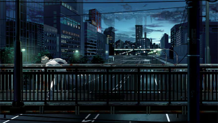 Anime-inspired HD desktop wallpaper featuring a serene cityscape at dusk, showcasing modern buildings and a quiet street from a balcony perspective.