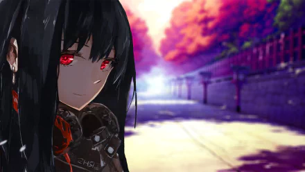 Anime character with black hair and striking red eyes wears headphones, set against a vibrant backdrop of a serene path with colorful trees. HD desktop wallpaper.