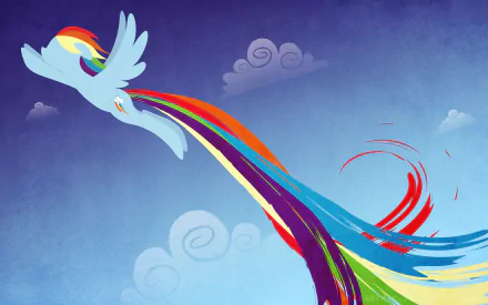 HD PC desktop wallpaper/background featuring Rainbow Dash from the TV show My Little Pony: Friendship Is Magic, soaring through a blue sky and leaving a vibrant rainbow trail.