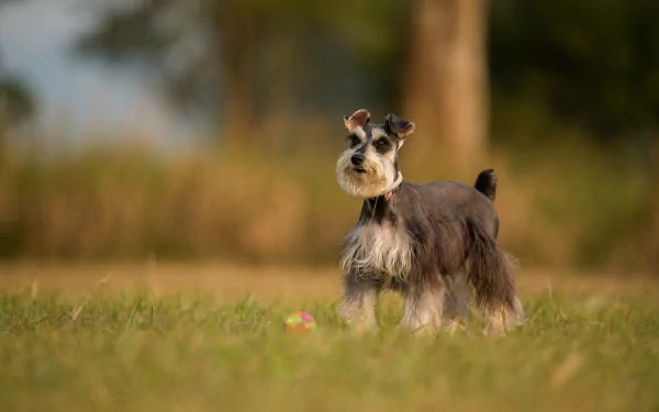 A schnauzer stands alert on blurred grass, captured in sharp detail against a soft, natural background in this 4K Ultra HD desktop wallpaper.