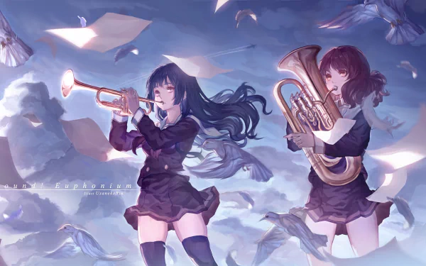 HD anime desktop wallpaper featuring Reina Kousaka playing trumpet and Kumiko Oumae playing euphonium from Sound! Euphonium in a dreamy sky setting.