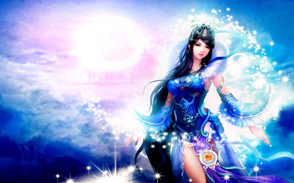HD PC desktop wallpaper from the Jade Dynasty video game features a blue-themed fantasy scene with an Asian woman with black hair in ornate armor.