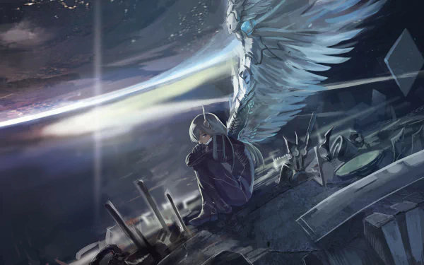 A stunning HD anime wallpaper featuring a character with long hair and majestic wings, sitting contemplatively against a cosmic background filled with stars and planets.