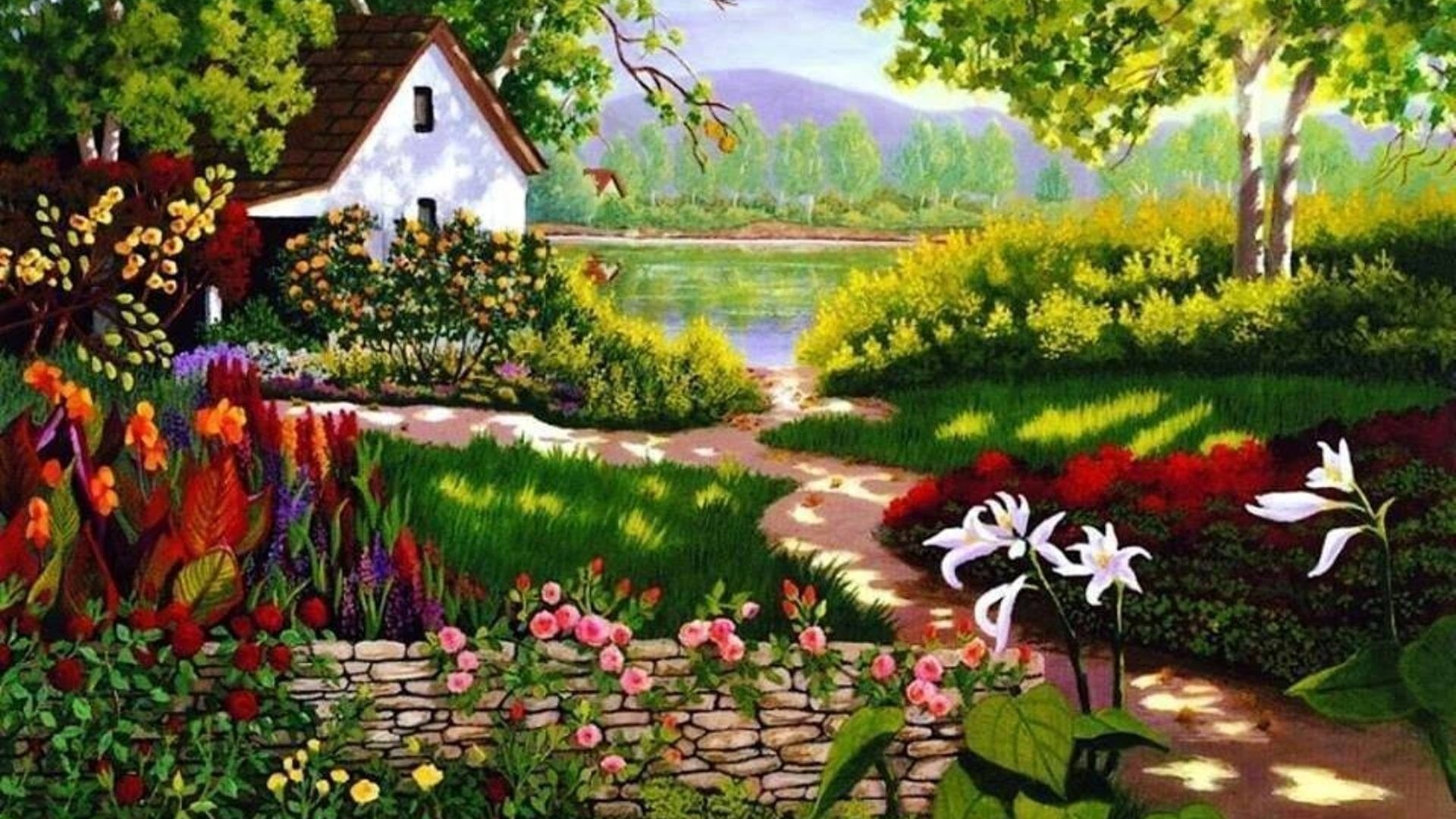 Download Lake Flower House Painting Artistic Spring HD Wallpaper