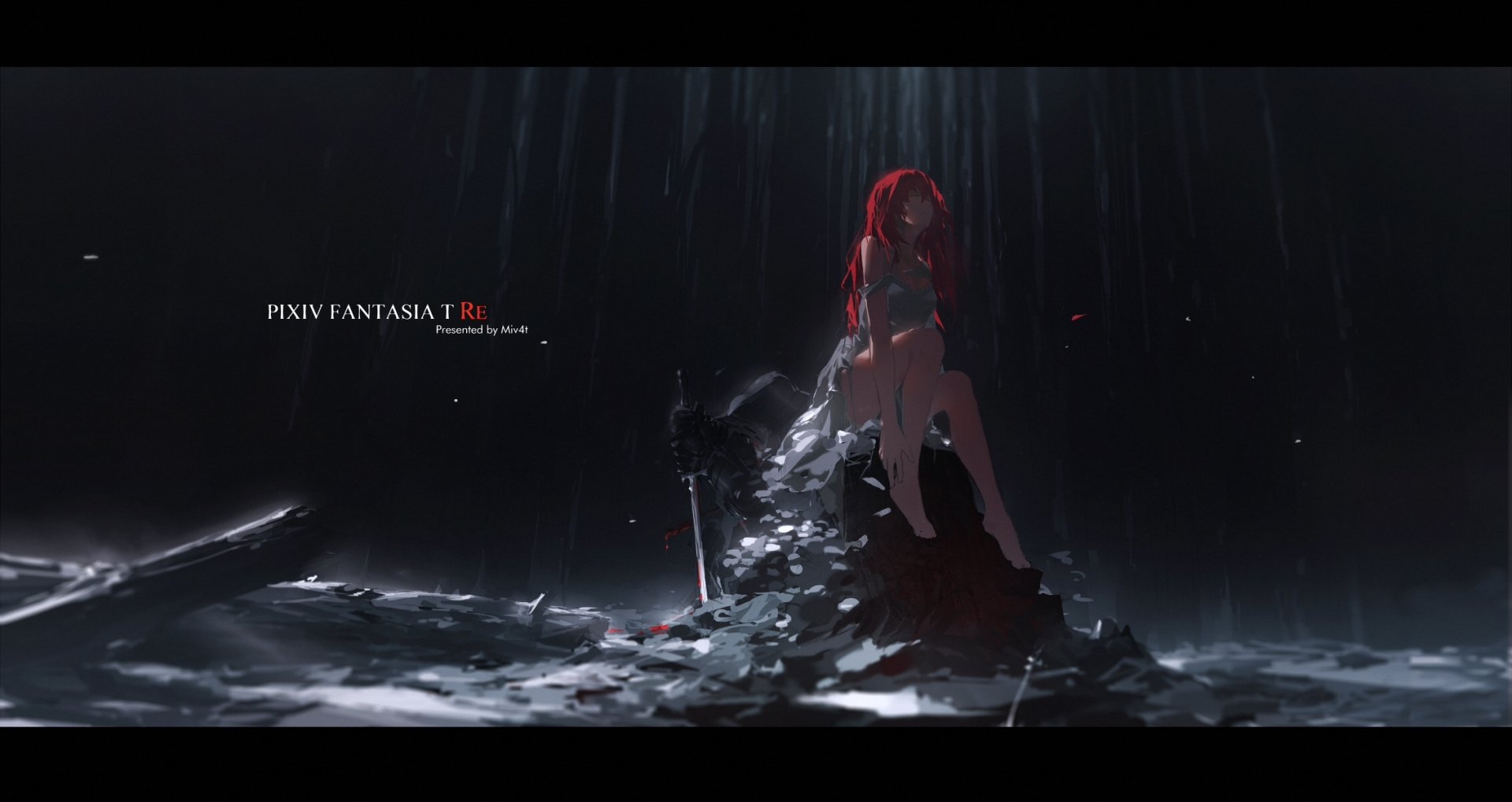 HD PC desktop wallpaper from Pixiv Fantasia T, featuring anime-style art of a red-haired character in a dark, rainy scene with a sword and dramatic lighting.