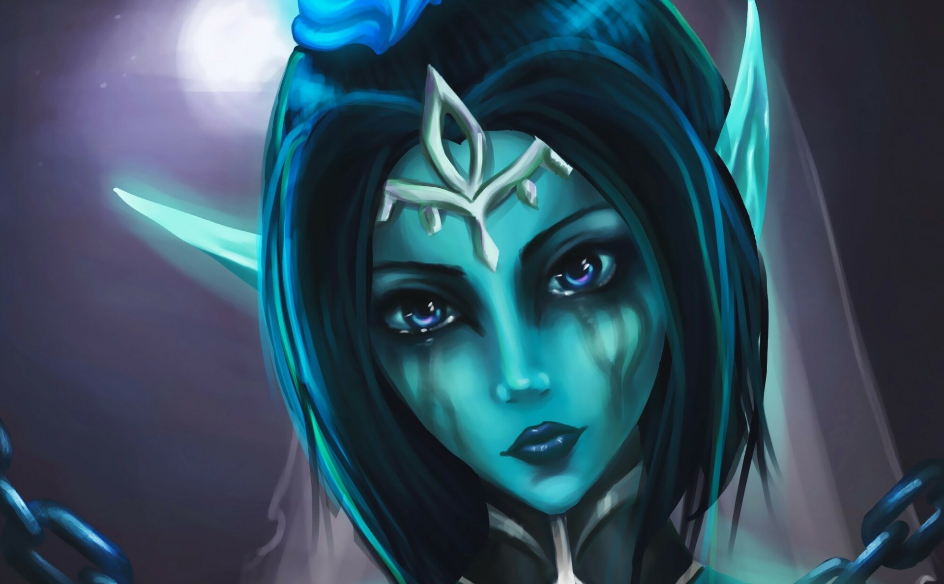 A fantasy woman with pointed ears and striking blue eyes stares forward, set against a dark, mystical background in this HD PC desktop wallpaper.