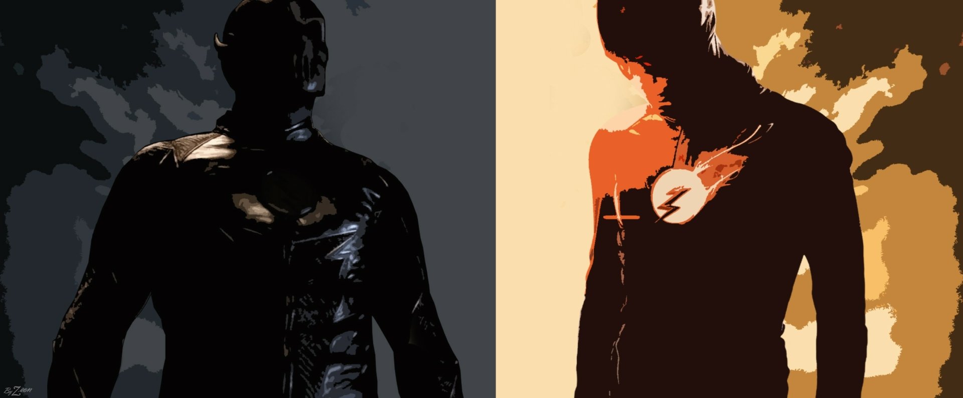A dynamic HD wallpaper featuring Zoom and The Flash from DC Comics, showcasing their contrasting styles as iconic superheroes in a striking comic art design.