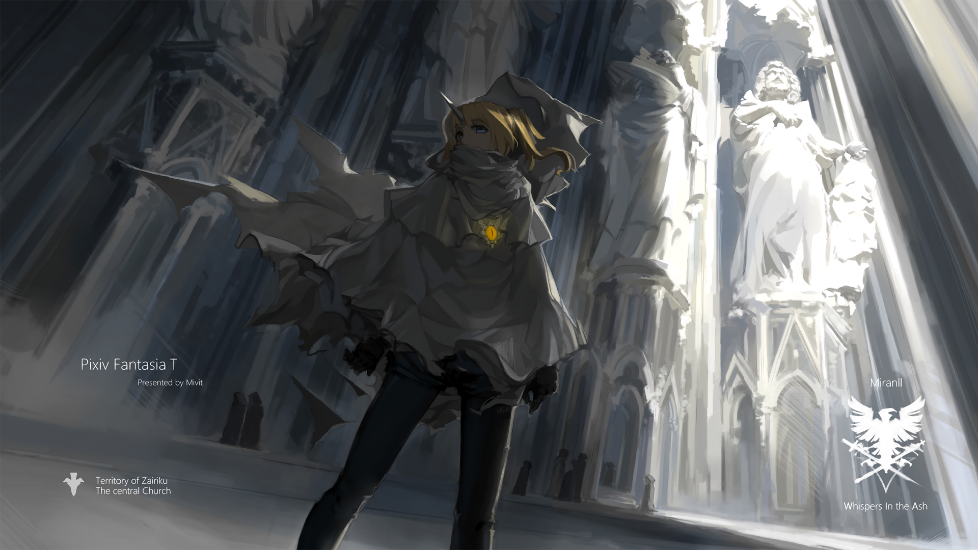 Anime-style HD PC desktop wallpaper featuring a character standing inside a grand cathedral with luminous, ethereal light and intricate architectural details from Pixiv Fantasia T.