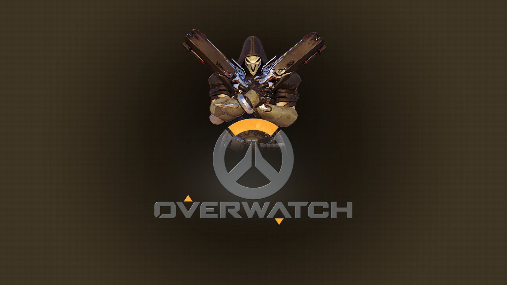 2K Quad HD PC wallpaper featuring Reaper (Overwatch) from Blizzard Entertainment above the Overwatch logo on a dark brown background, video game artwork.