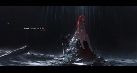 HD PC desktop wallpaper from Pixiv Fantasia T, featuring anime-style art of a red-haired character in a dark, rainy scene with a sword and dramatic lighting.