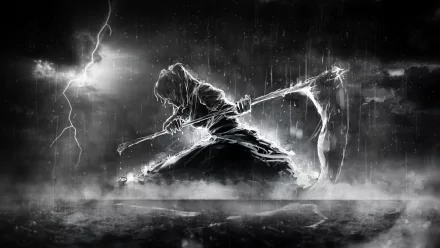 A striking HD wallpaper featuring Komachi Onozuka from the anime Touhou, illustrated in a dramatic black-and-white scene with a scythe, evoking a sense of mystery and power.