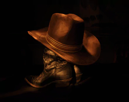 HD desktop wallpaper featuring cowboy-themed still life with worn boots and a brown hat artfully illuminated against a dark background.