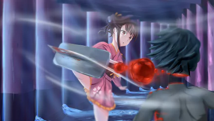 HD anime wallpaper featuring Mumei from Kabaneri of the Iron Fortress delivering a powerful kick in an intense action scene.