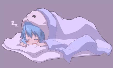 HD desktop wallpaper featuring an anime girl with short blue hair, blushing while sleeping under a blanket with a cute hood.