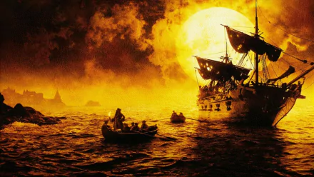 A captivating HD desktop wallpaper from Pirates of the Caribbean: The Curse of the Black Pearl, featuring a pirate ship sailing under a dramatic sunset over the ocean.