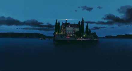 A serene night view of a mansion on an island, surrounded by water, with boats nearby. Inspired by Studio Ghibli's Porco Rosso, it showcases a castle-like house against a twilight sky.