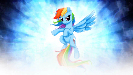 HD PC desktop wallpaper featuring Rainbow Dash from the TV show My Little Pony: Friendship Is Magic, soaring against a bright, radiant blue background.
