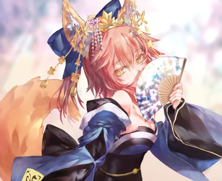 Anime character Tamamo no Mae from Fate/Grand Order and Caster from Fate/Extra depicted in traditional Japanese clothes with a fan, blush, yellow eyes, a headdress, bow, and tail. HD desktop wallpaper.