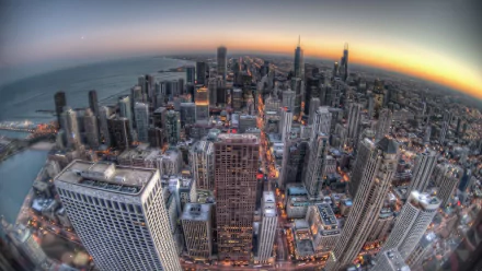 Fisheye lens view of Chicago skyline at twilight as HD desktop wallpaper and background.