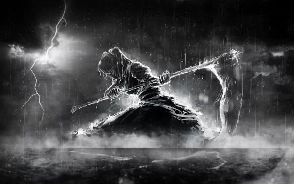 A striking HD wallpaper featuring Komachi Onozuka from the anime Touhou, illustrated in a dramatic black-and-white scene with a scythe, evoking a sense of mystery and power.