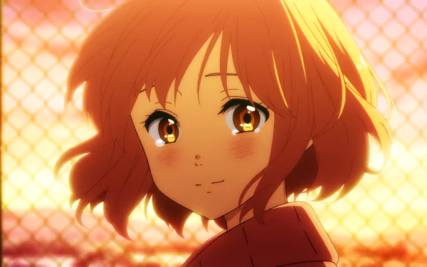 HD desktop wallpaper featuring a character from the anime Kyoukai no Kanata (Beyond the Boundary) with short hair, gazing with a gentle expression against a sunset backdrop.