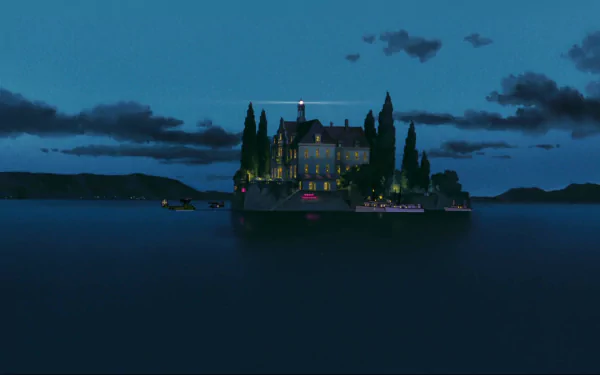 A serene night view of a mansion on an island, surrounded by water, with boats nearby. Inspired by Studio Ghibli's Porco Rosso, it showcases a castle-like house against a twilight sky.