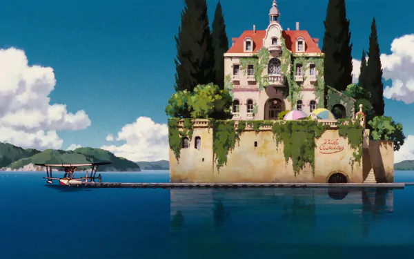 A serene island mansion surrounded by water, featuring lush greenery and a charming architectural style, inspired by the anime Porco Rosso, set against a bright blue sky.