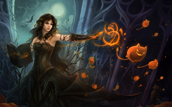 Fantasy Witch Holiday Halloween Pumpkin Book Black Magic HD Wallpaper | Background Image