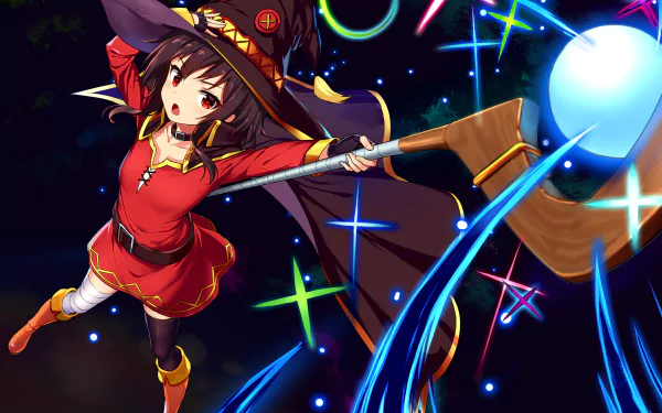 HD desktop wallpaper featuring Megumin from KonoSuba – God’s blessing on this wonderful world!!, casting a spell with her staff surrounded by colorful, magical effects in the night.