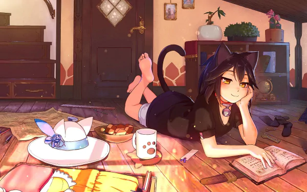 A cozy anime scene featuring a cat girl lounging with a book, surrounded by snacks, a hat, and a charming interior. An original HD wallpaper that adds warmth to your desktop.