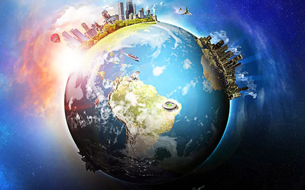 HD desktop wallpaper showing a vibrant Earth with diverse landscapes and cityscapes, celebrating the spirit of Earth Day and global unity.