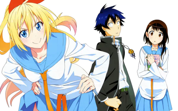 An HD desktop wallpaper featuring characters from the anime Nisekoi: Chitoge Kirisaki with blonde hair, Raku Ichijō, and Kosaki Onodera in school uniforms.