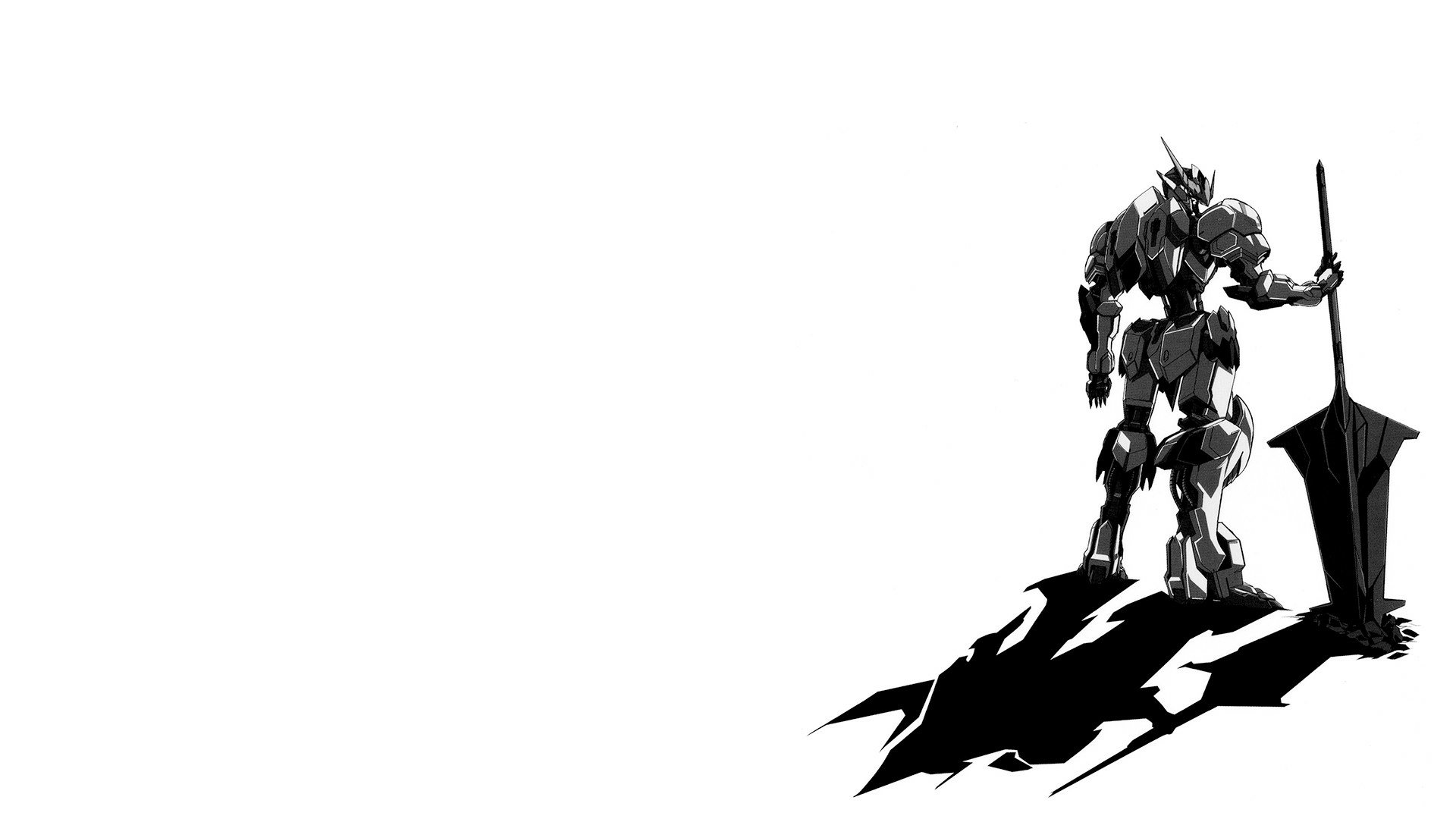 A striking HD wallpaper featuring ASW-G-08 Gundam Barbatos, this anime-inspired mecha stands confidently against a minimalist white background, casting a dramatic shadow.