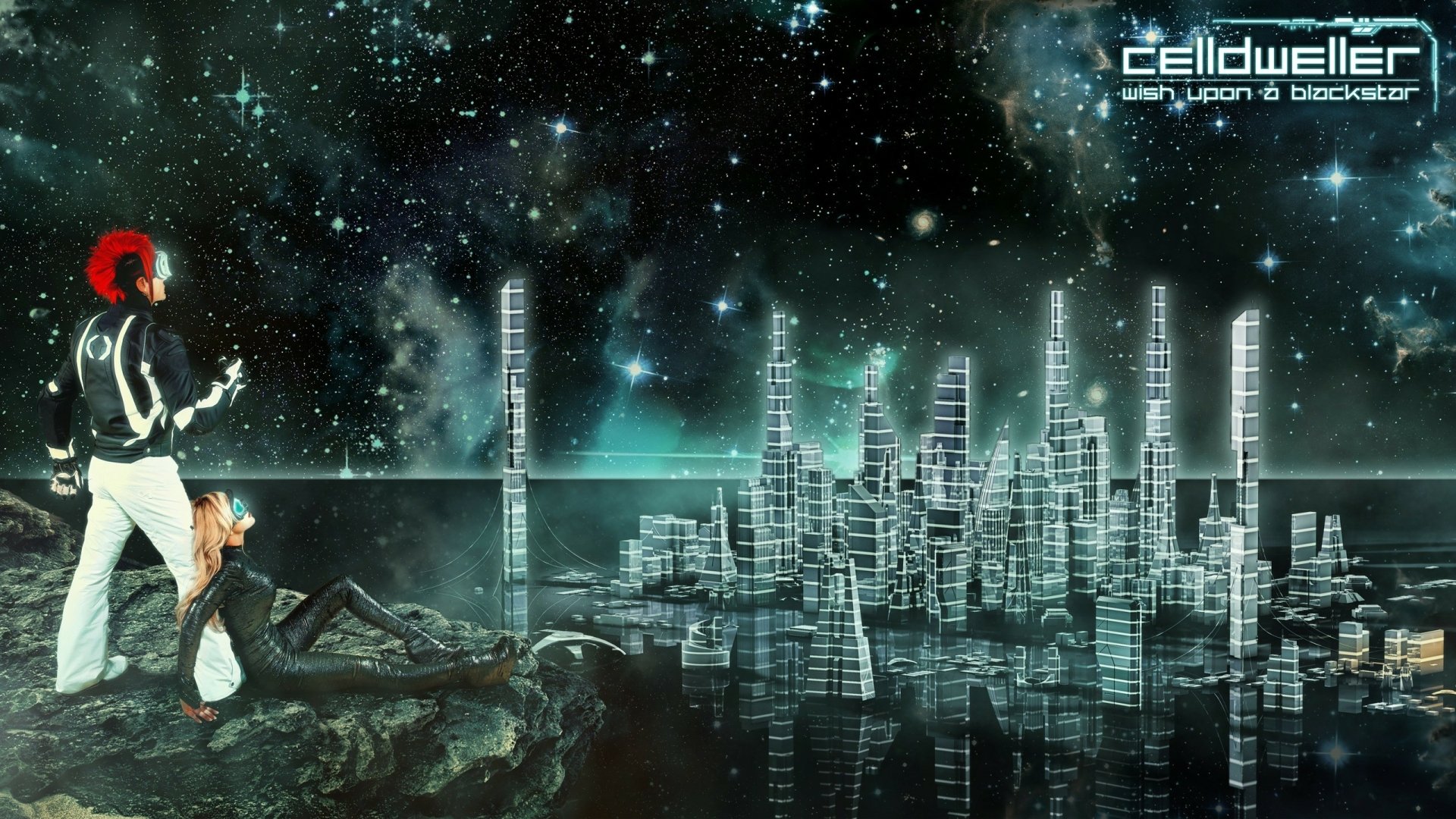 HD PC desktop wallpaper featuring a futuristic cityscape under a starry space sky, with figures inspired by Celldweller and music themes.