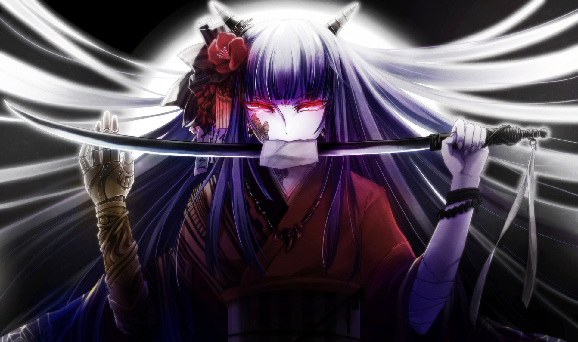 Anime-style HD desktop wallpaper featuring a long-haired, purple-haired character with red eyes holding a katana, staring intensely with a dark, dramatic background.